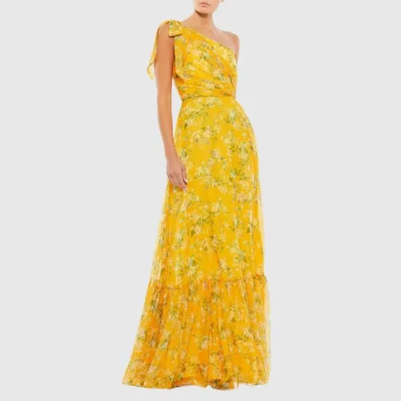 Mac Duggal 55427‎ Size 8 Yellow Green Floral One Shoulder Long Maxi Gown Dress